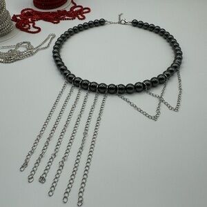 Handmade Silver Cascading Fringe Necklace with Beaded Choker